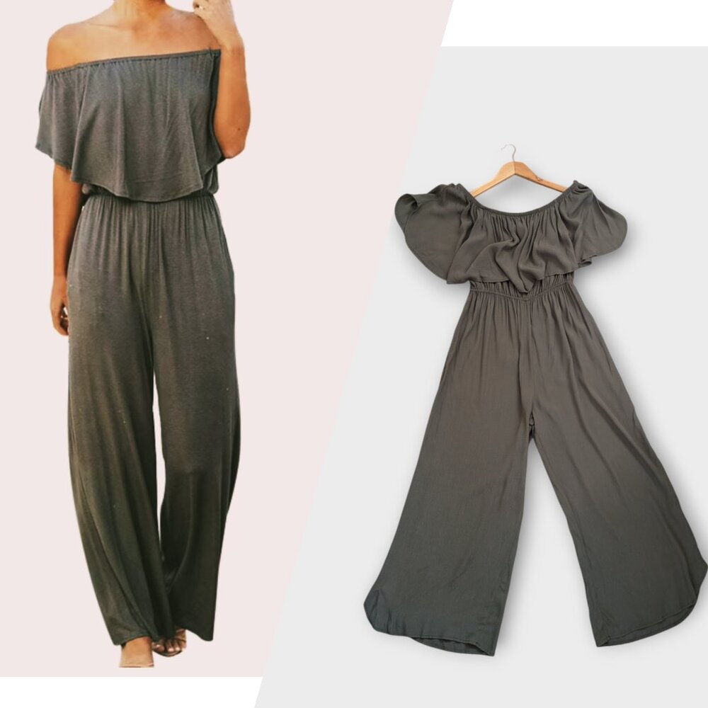 Olive Green Ruffled Off-Shoulder Jumpsuit Size Large Women